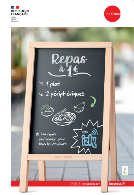 Affiche du Crous annonçant un repas étudiant à 1 €, comprenant un plat et deux accompagnements, payable avec Izly. Un repas par service pour tous les étudiants.