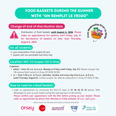 Poster announcing the “On remplit le frigo” summer food basket distribution for students in Orsay. Distribution runs until August 6, 2026, by appointment, at MJC-CS Jacques Tati. Book by calling 07 49 30 24 10.