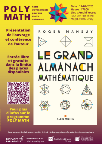 Affiche annonceçant la conférence et présentation de l'ouvrage "Le grand almanach des mathématiques" par Roger Mansuy, l'auteur.