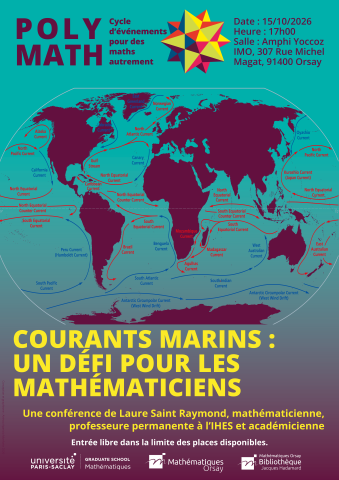 affiche de la conférence COURANTS MARINS : UN DÉFI POUR LES MATHÉMATICIENS. PRÉSENTE UNE CARTE DES COURANTS OCÉANIQUES